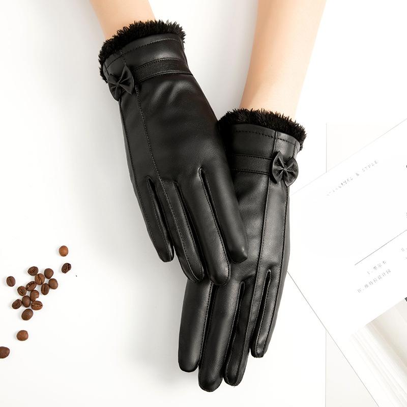 PU Leather Gloves for Women's Autumn and Winter Korean Version with Velvet Warm Windproof Waterproof Cold Riding Touch Screen