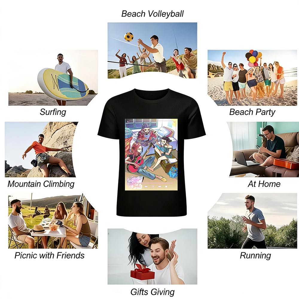 Anime Girls Band Gathering Print T-Shirt Bestie Matching Loose Breathable Crew Neck Top Pure cotton T-shirt