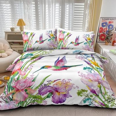 Tropische Vogels Dekbedovertrek Aquarel Kolibrie Bloemen Eenpersoons Beddengoed Exotische Wilde Dieren Wit Abstract Polyester Quilt Overtrek