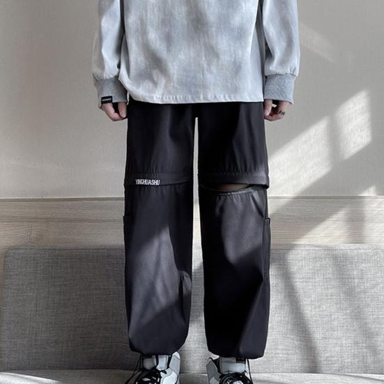 Men Pants Zipper Detachable Solid Color Elastic Waist Drawstring Loose Streetwear American Temperament Straight Wide Leg Cargo Pants Men Clothes