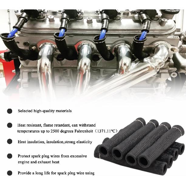 8Pcs 2500° Degree Spark Plug Wire Boots Heat Shield Protector Sleeve Cover Compatible With SBC BBC 350 454,6 Inch, Black
