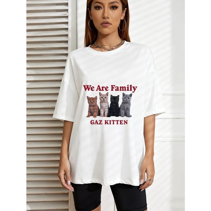 

White T Shirt We Are Family Gaz Kitten Print Casual Wear For Women Summer Outfit Cat Lover Gift XXXXL білий