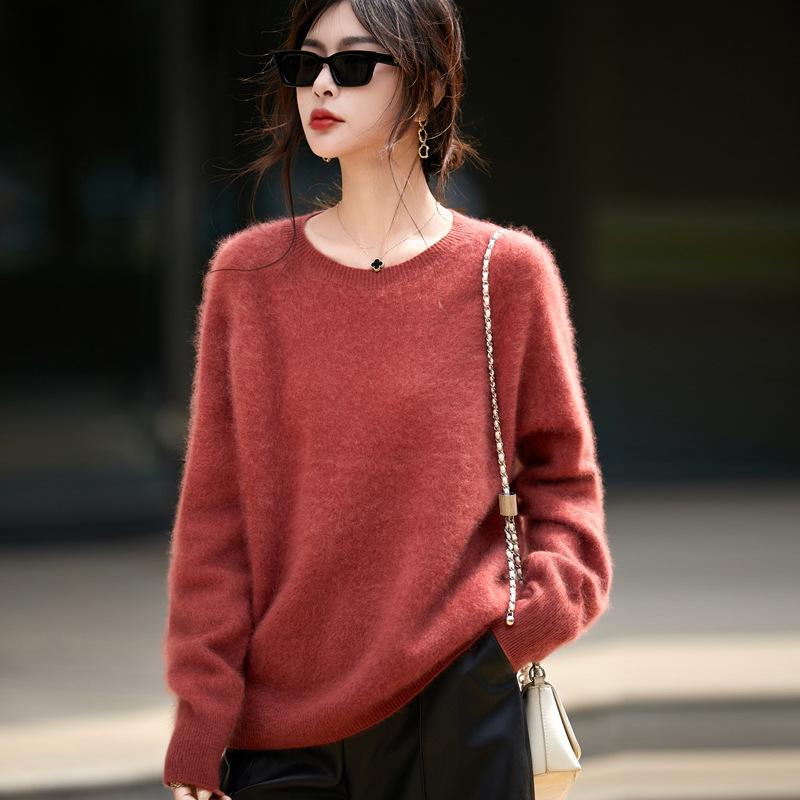 Women's Seamless Cashmere Wool Blend Crew Neck Sweater - Brushed Knit One-Piece Base Layer for Fall/Winter