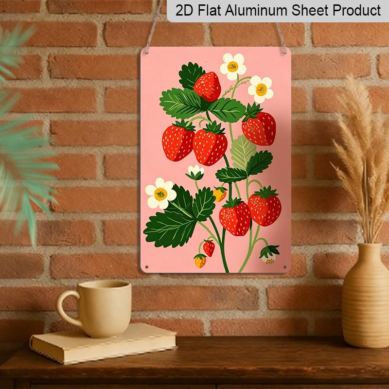 2D Flat, Pink Strawberry Plant Aluminum Sign - Retro Fruit Garden Wall Decor Kitchen Decor, Pantry, Garden Decor, Farmhouse Decor, Cottage Decor