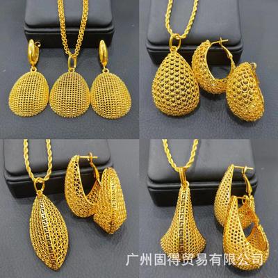 Middle East Dubai Zircon Brass 24k Gold Plated Pendant Earrings Necklace Zircon Set for Women and Africa Jewelly Set