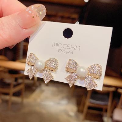Acrylic Stud Bow Pearl Earrings with Delicate Korean Chic Bow-knot Design Buling Buling Ear Rings