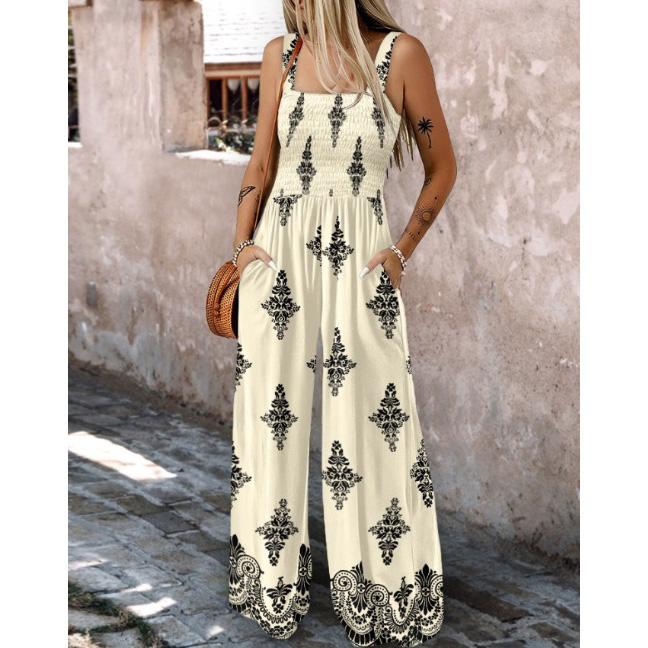 Summer Women's Woven Position Printing Halterone-piece Overall Pants with Pockets Wide-leg Pants