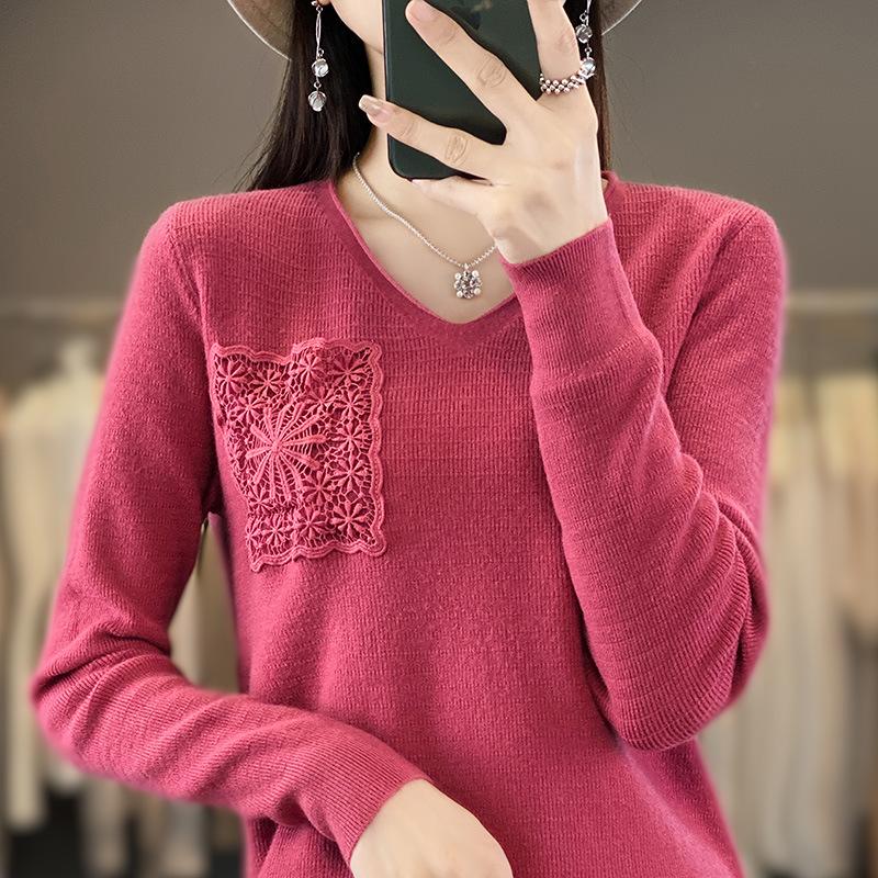 Autumn and winter new V-tie hook flower long-sleeved knitted sweater women's top fashion versatile bottoming shirt jacket