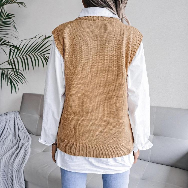Women Crew Neck Sleeveless Knit Sweater Solid Color Tank Top Cutout Leaf Design Fall Winter Sizes S-L