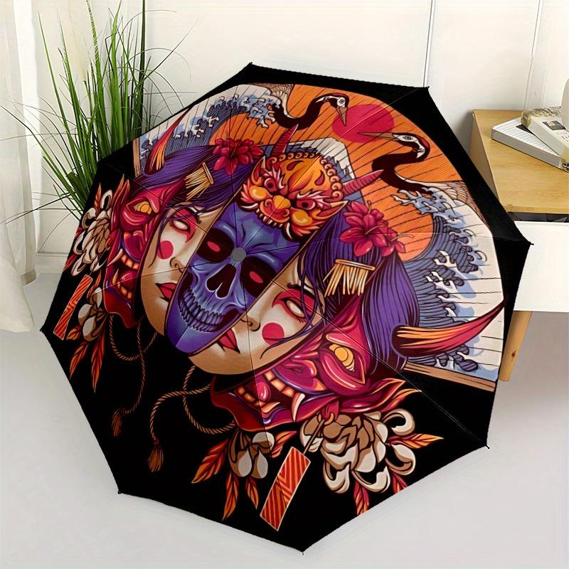 1pc Mask Art Automatic Open/close Folding Umbrella, Compact Portable Travel Umbrella, Perfect Birthday/Christmas, Cute Umbrella, Durable Con