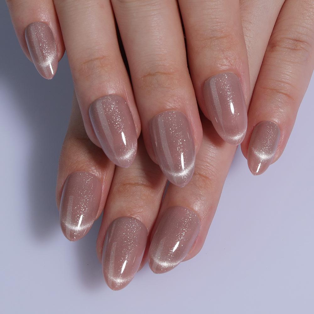 Short Almond Cat Eye French Smile Line Press-On Nails - 32 Pieces