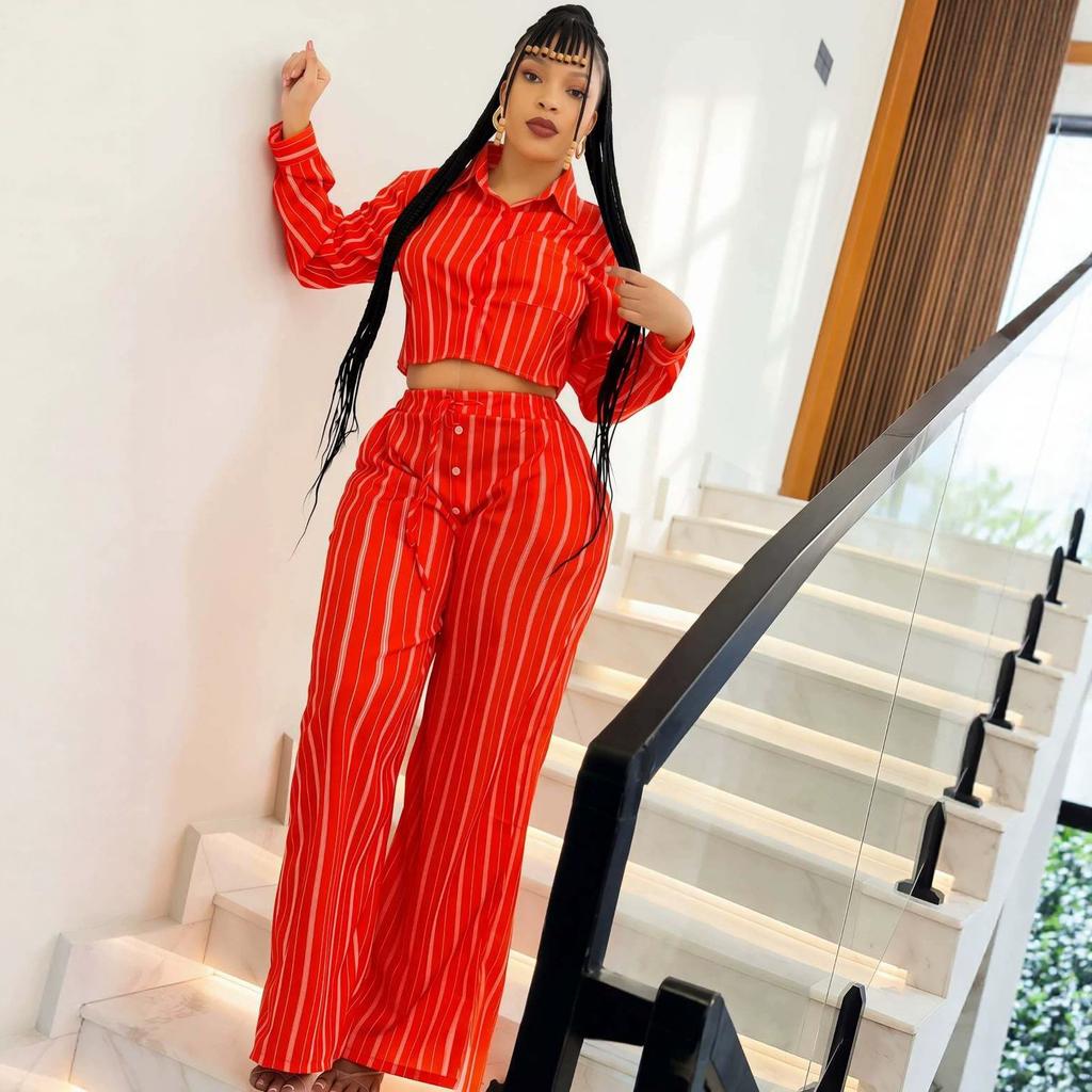 European and American Women's Clothing Long-sleeved Lapel Casual Striped Sexy Waist Short Top and Trousers African Temperament New Suit