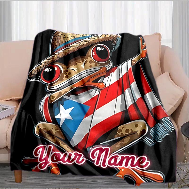 1PC Custom Name Frog Puerto Rican flag. outdooor Flannel blankets Throw Blanket All-Season Throw Gift Bedspread for Couch, Bed, Camping Holiday Birthd