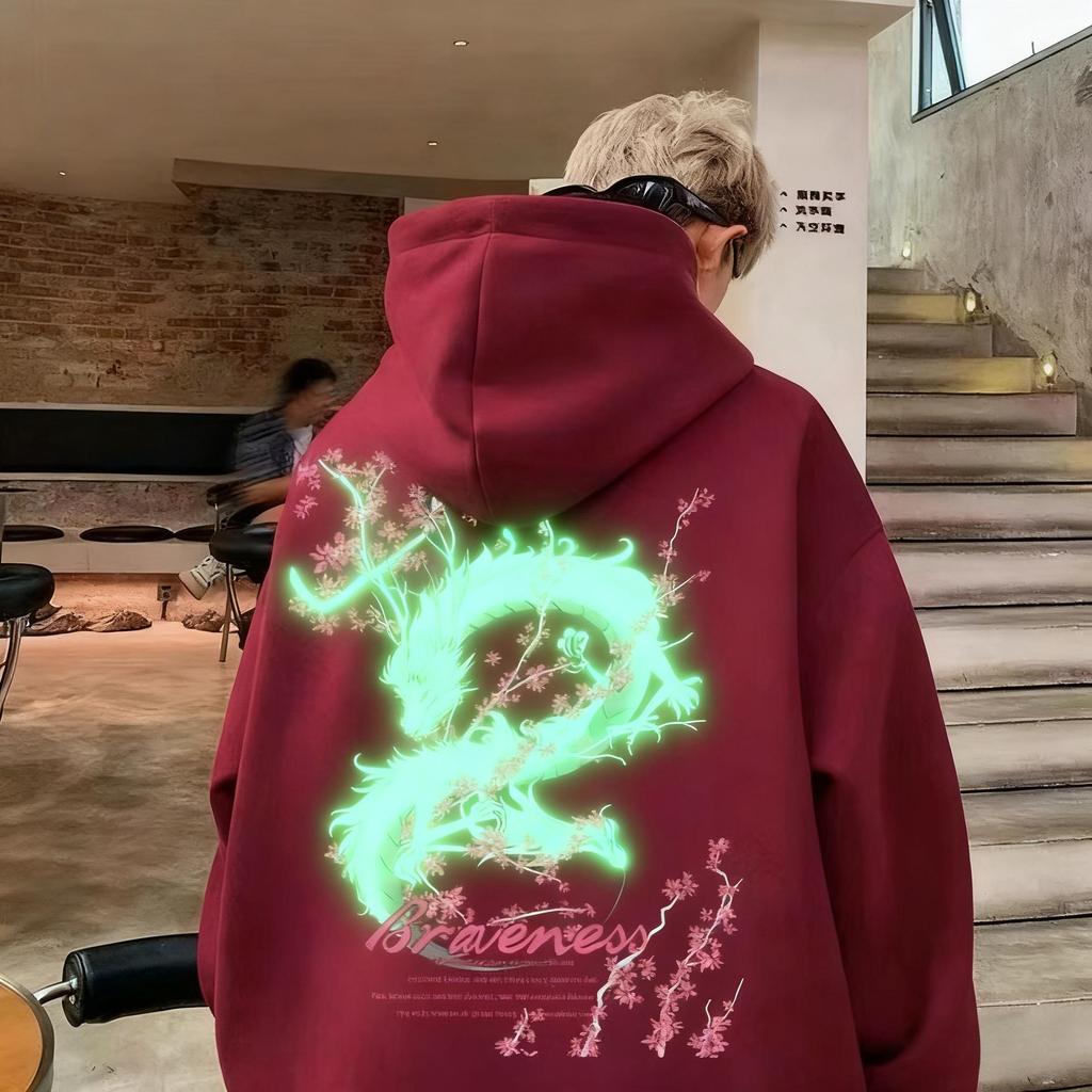High Street Luminous Sakura Dragon Hoodie - Unisex Loose Fit Cotton Sweatshirt