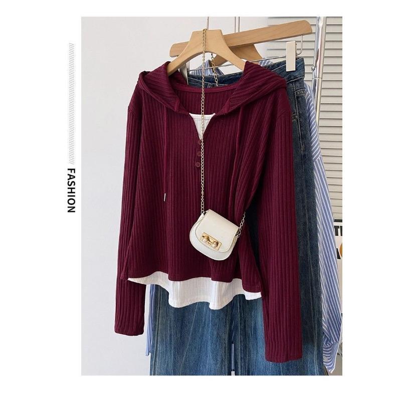 Women S Plus Size Hooded Long Sleeve Fake Two Piece T Shirt Loose Casual Top