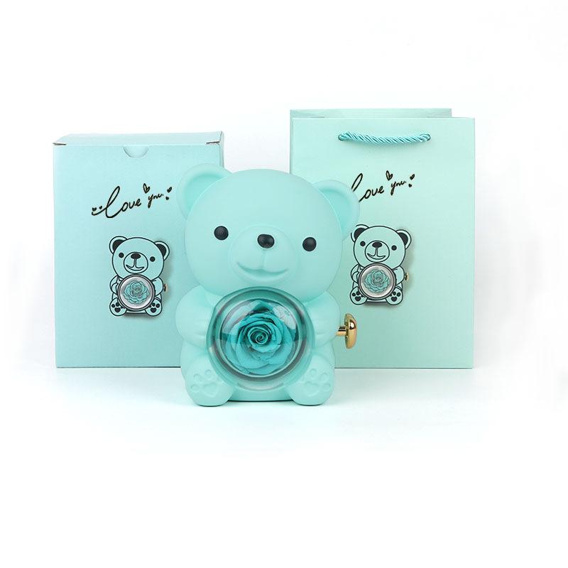 Rotating Teddy Bear Rose Jewelry Box with Preserved Flower - Charming Gift Idea for Rings and Necklaces
