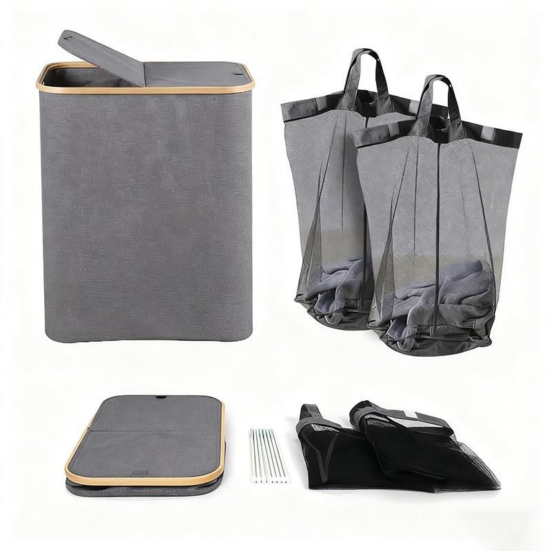 Foldable Bamboo Laundry Hamper with Lid - Oxford Cloth Dustproof Storage Basket