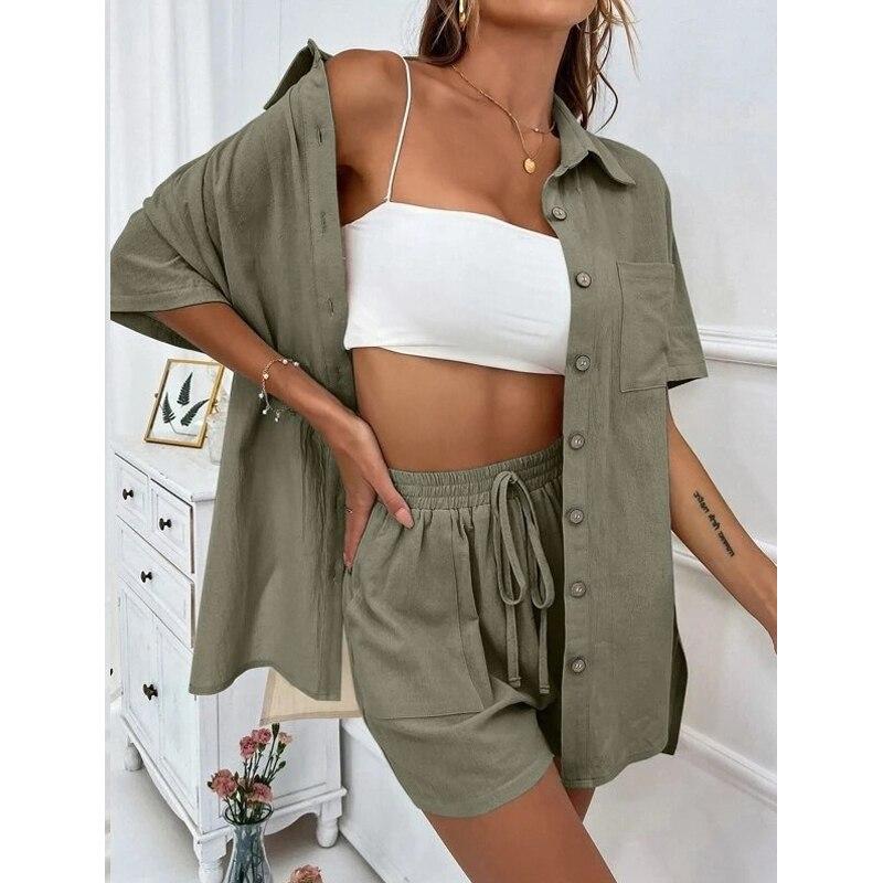 Women Wide-leg Shorts Summer Shirts Suit Two Piece Set Short Sleeve Casual Long Blouse Pockets Loose Outfits
