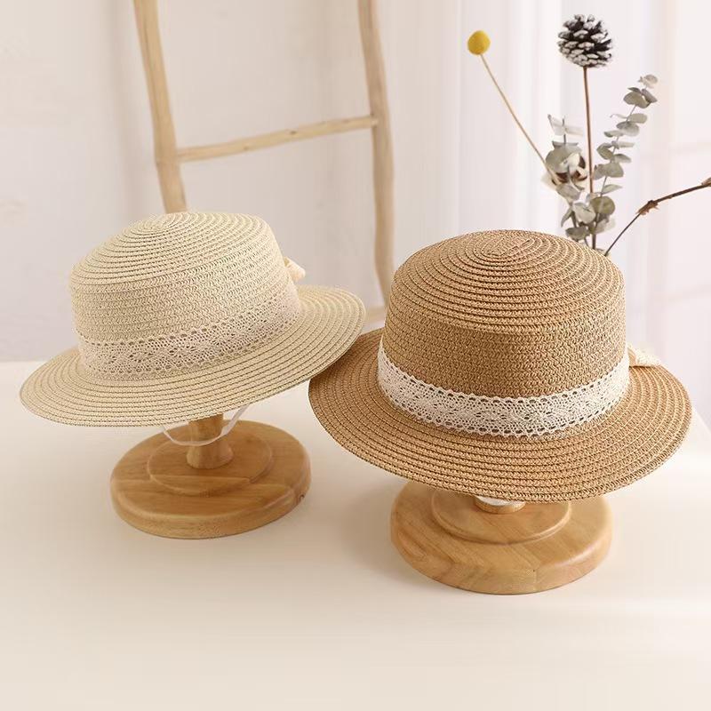 Cute Bow Lace Girls Straw Hat Spring Summer Breathable Sunshade Kids Sun Hat Outdoor Travel UV Protection Children Panama Cap