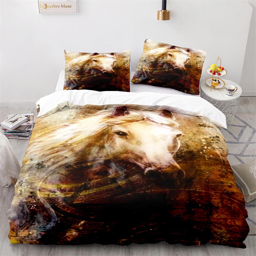 3D Horse Duvet Cover King Queen Size White Running Horses Pattern Bedding Set For Kids Teens Adults Wild Animal Soft Quilt Cover
