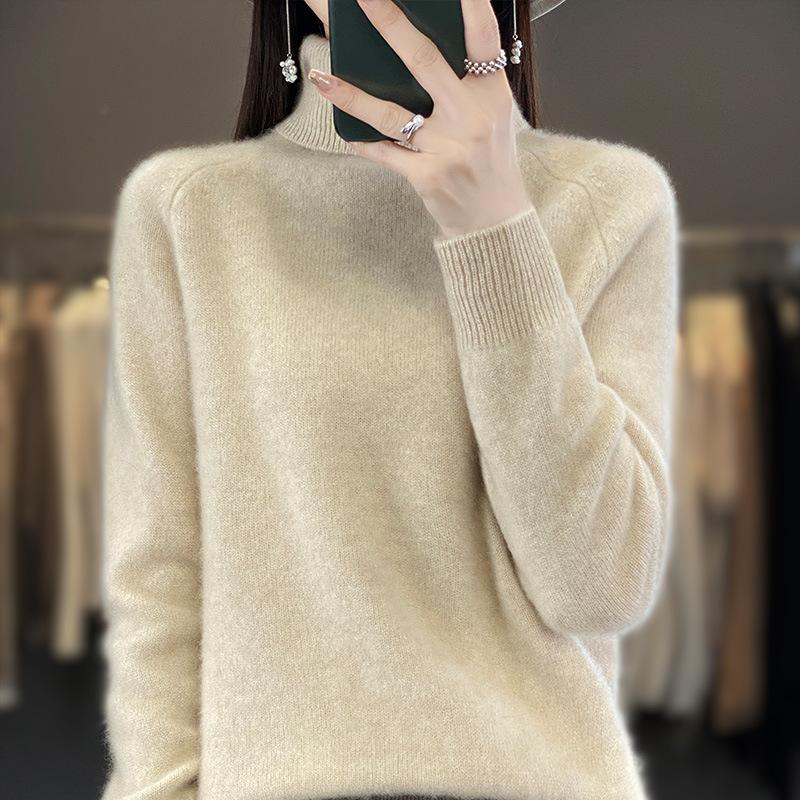 

Женский осенне-зимний утолщенный пуловер с высоким воротником-гольф, спущенным плечом и длинным рукавом - Вязаный базовый топ S