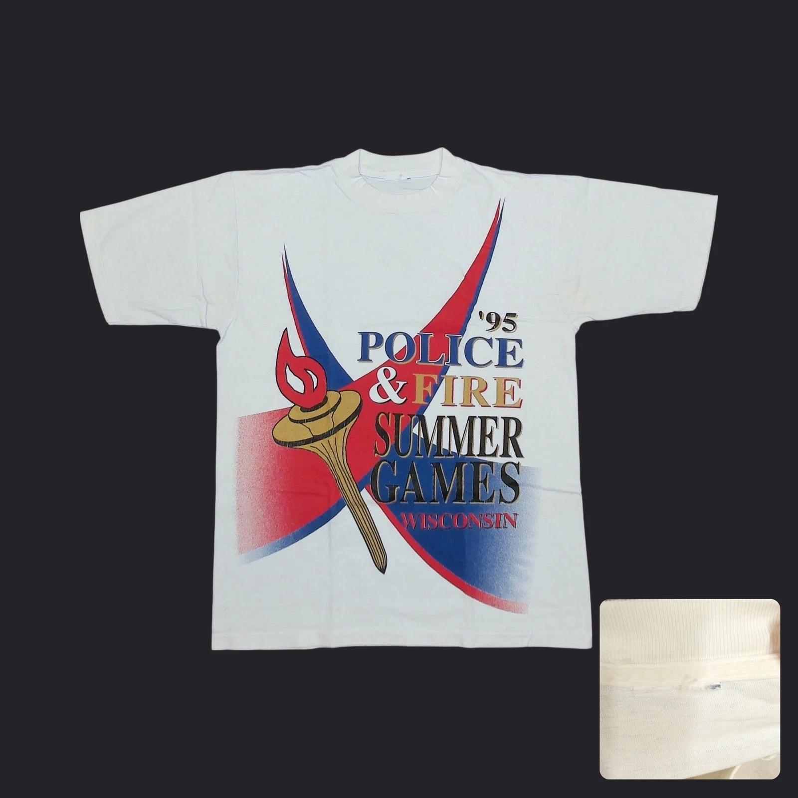 

Vintage 1995 Wisconsin Police & Fire Summer Games T-Shirt Mens Large White 2XL