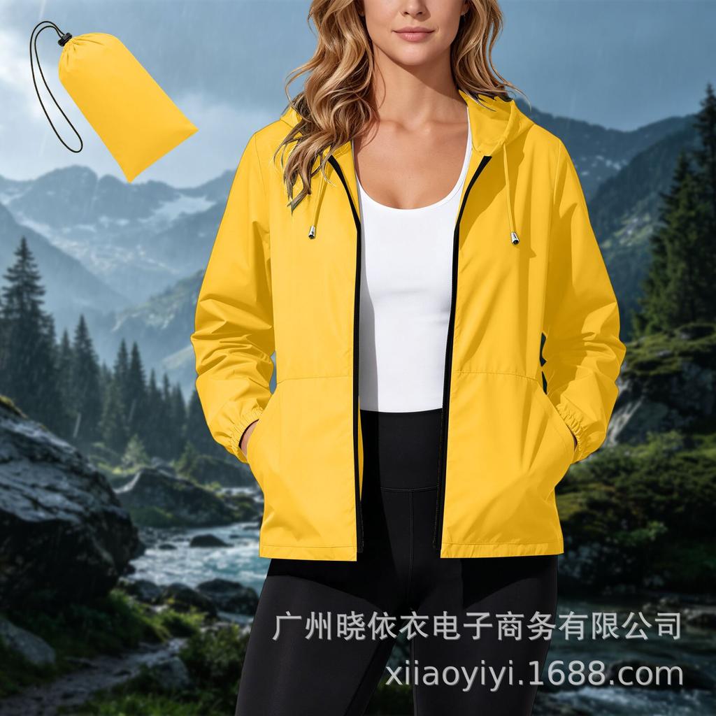 Women Hooded Waterproof Windbreaker Jacket Lightweight Packable Zip Up Outdoor Rain Coat