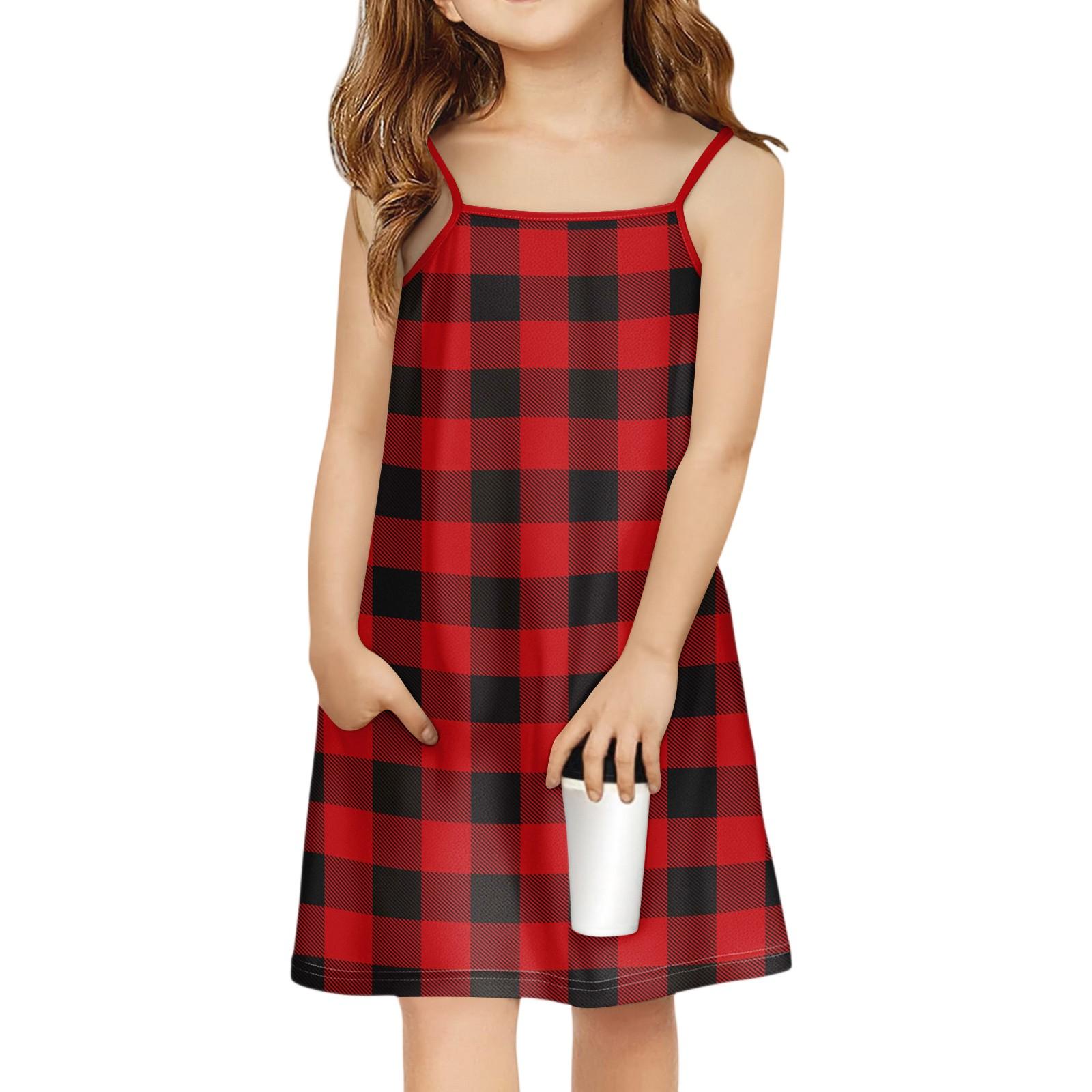 Children s Sleeveless Square Neck Summer A-Line Casual Holiday Plaid Suspender Dress 120 киноварь
