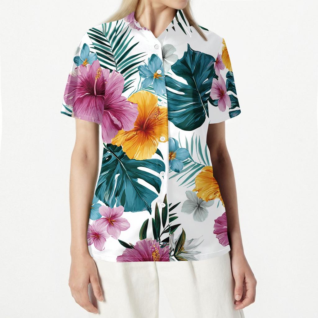 Women's Hawaiian Print Short Sleeve Button Down Shirt, Casual Summer Top
