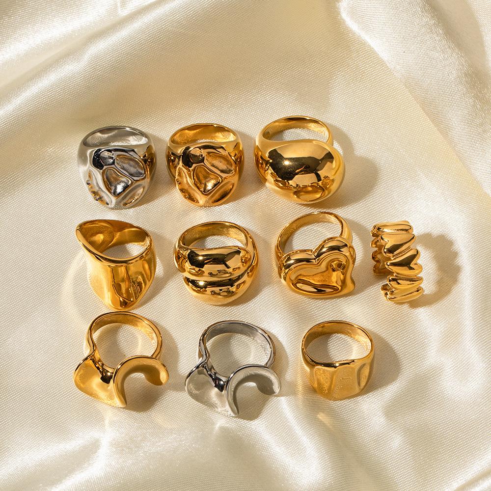 Stylish Texture Finger Jewelry Stainless Steel Waterproof Dome Ring Irregular Bold Chunky Geometric Ring for Girls