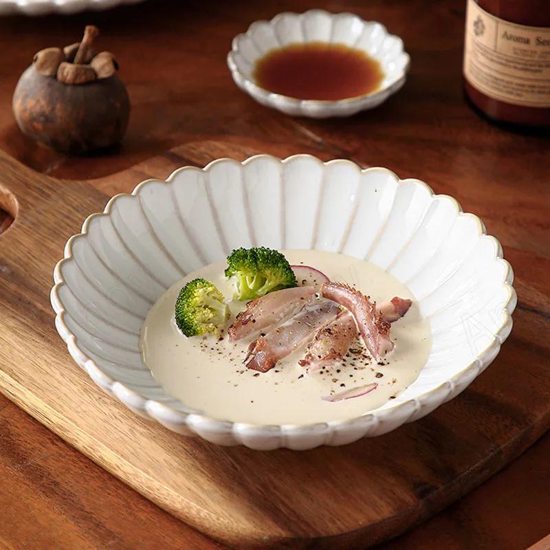 Retro Ceramic Dishes Plates Fish Dish Plates Manual Flower Relief Living Room Dinner Plate Kitchen Fruit Salad Dish Bowl