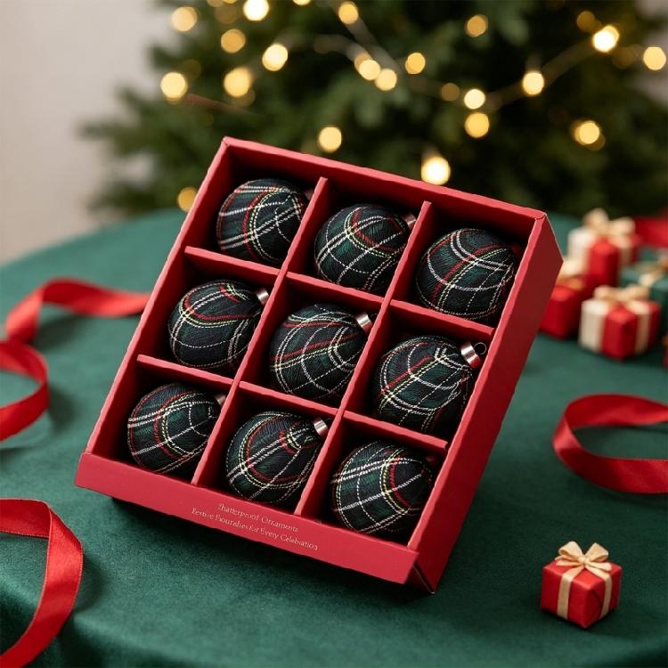 9 Pieces Christmas Ball Ornament, Checked Fabric Wrapped Baubles Holiday Tree Decoration Set for Wreath and Mantel Display