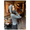 Women's Gray Spicy Girl Fishbone Slim Zipper Hoodie Long Sleeve T-shirt for Autumn.