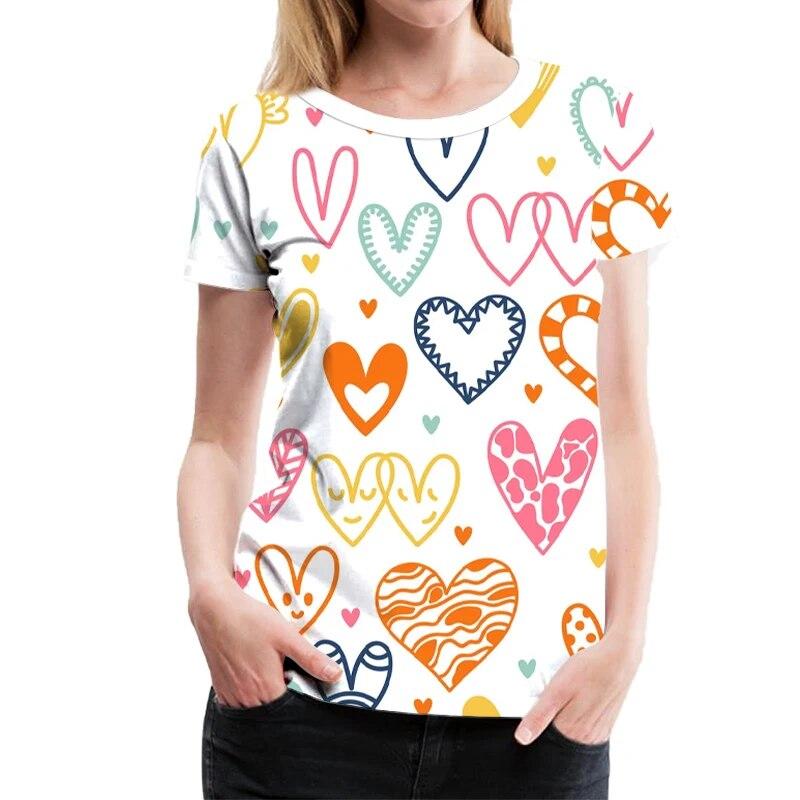 Summer Red Heart 3D Print T-shirts Women Streetwear Casual Fashion Harajuku Short Sleeve T Shirt O-neck Tops Clothing