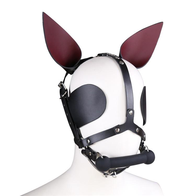 BDSM rekvizity Sexuální hračky pro dospělé Černá kůže Sub Master Dog Pokrývka hlavy Roubík se zavázanýma očima