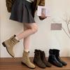 [Fanfna] Old Money Wind Retro Suede Pleated Pile Boots Thick Heel Belt Buckle Short Martin Boots Women's Outer Wear