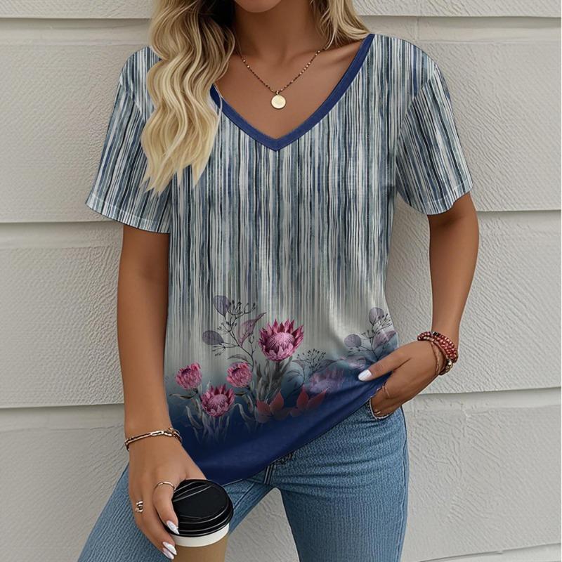 

Women s V-Neck T-Shirt Summer Outdoor Fashion Short Sleeve Tops Flower Printed Patterns Plus Size Women s Clothing S