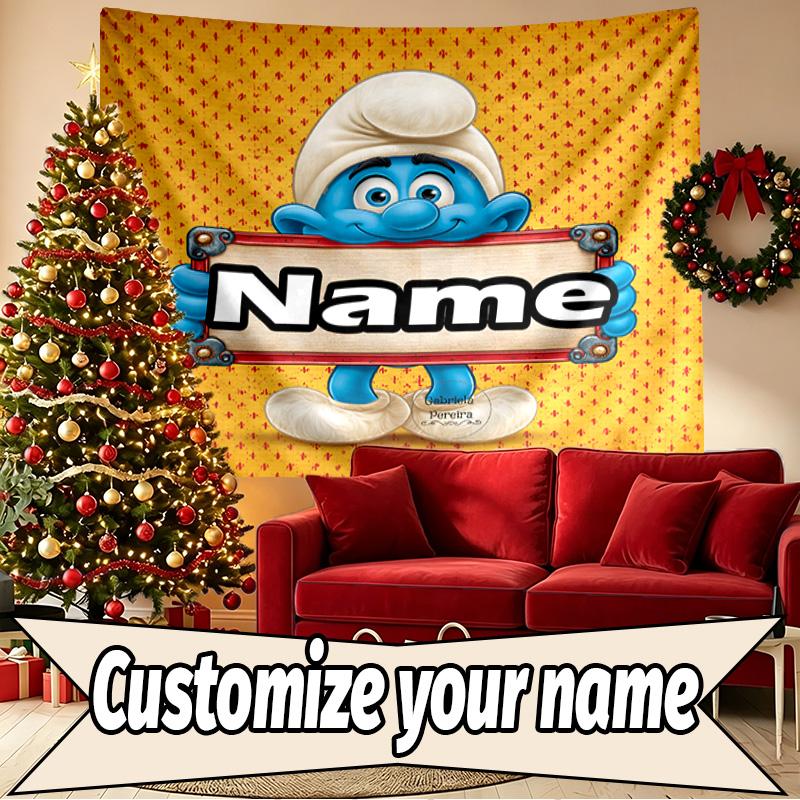 Custom Name Personalized Blue Smurfs Print Tapestry, Wall Art Decor, Bedroom, Dorm, Apartment, LivingRoom, Party Backdrop, Gift for Birthday