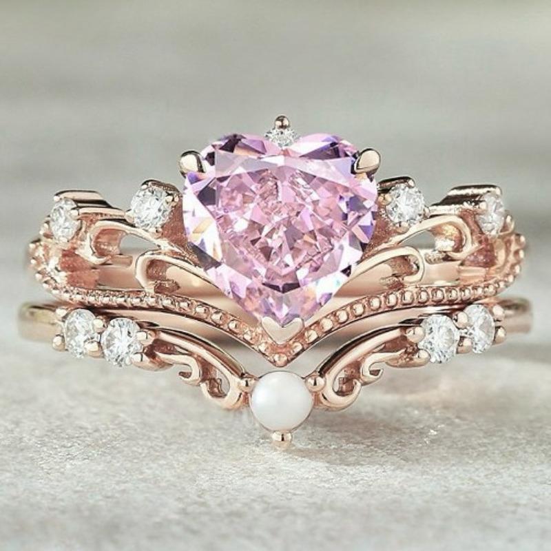 European and American new fashion crown shape pink love zircon inlaid luxury personalized women s ring 8&ROSE GOLD COLOR розовый
