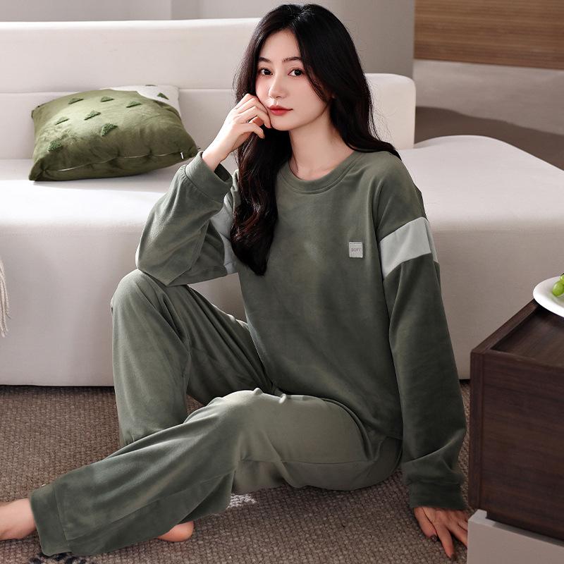 Island Fleece Pajamas Women'S Autumn And Winter Thin Fleece Round Neck Pullover Coral Fleece Loungewear Spring And Autumn Large Size Warm Suit