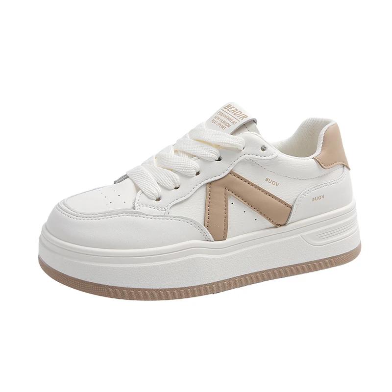 2025 New Women Leather Flat Shoes Autumn Breathable Vulcanized White Sports Lace Up Thick Soled Casual Shoes for Women