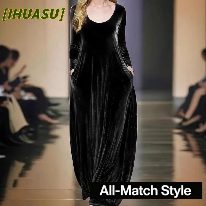 IHUASU Fashion Autumn Winter Solid Color Print Long Sleeve O-Neck Casual Dresses
