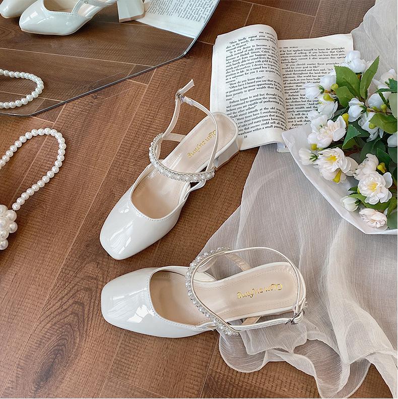 

Pearl thick-heeled sandals women s 2025 summer new fashion retro temperament Mary Jane shoes one-word buckle high heels 35