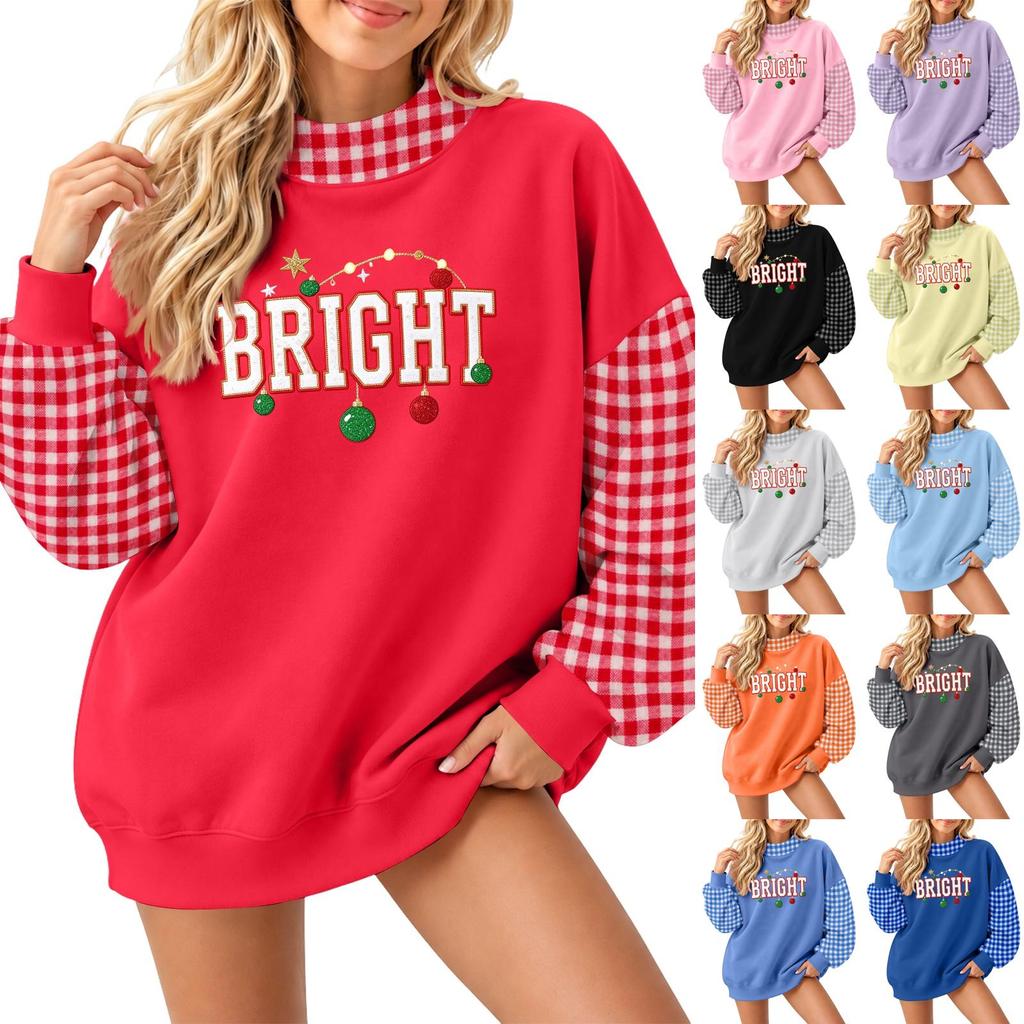 Women's Casual Letter Plaid Christmas Print Crewneck Long Sleeve Loose Fit Pullover Sweatshirt Top