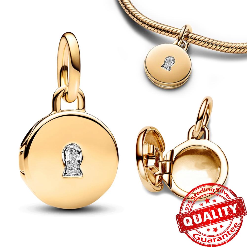 Echter dreifarbiger Kupfer-Funkelnder Pavé Runder Charm Vorhängeschloss und Schlüssel Anhänger Charm Passend für Original Armband Feiner Schmuck