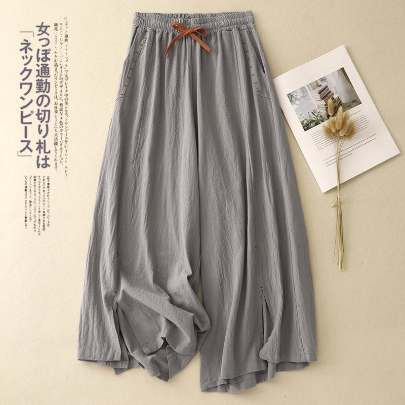 

Реальное фото лето новый литературный свободный однотонный хлопок и лен эластичная талия широкие брюки девять точек женские 2XL серый