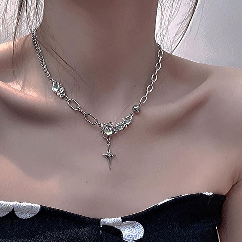 JWER Trendy Bling Moonstone Star Cross Pendant Necklace for Women Punk Hip Hop Star Chain CrystalNecklace Party Jewelry Gift