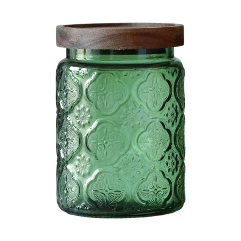 Sealed Glass Storage Container For Candies Embossed Designs Airtights Wooden Lid For Kitchen And Home зелёный