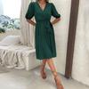 Fashion Women's Summer Lace-Up V-Neck Green Pleated Dress