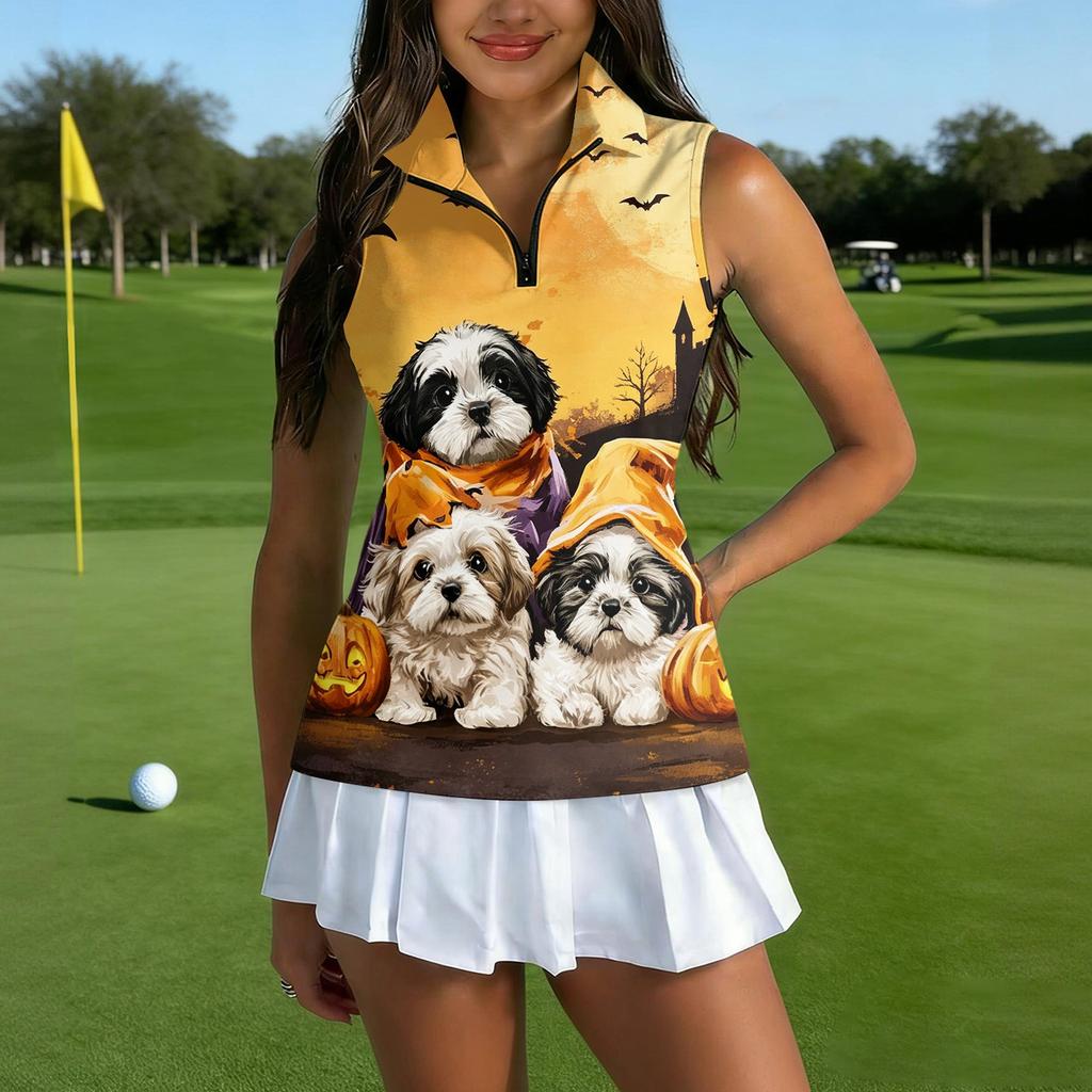 Women's Sleeveless Golf Shirt with Zipper Collar Halloween Print Sports Vest for Casual Wear